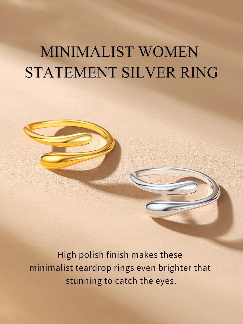 Bestyle Silver Ring for Women - 925 Sterling Silver Finger Wrap Teardrop Rings Minimalist Adjustable Open Rings for Women Simple Women Stacking Band Ring - Image 2