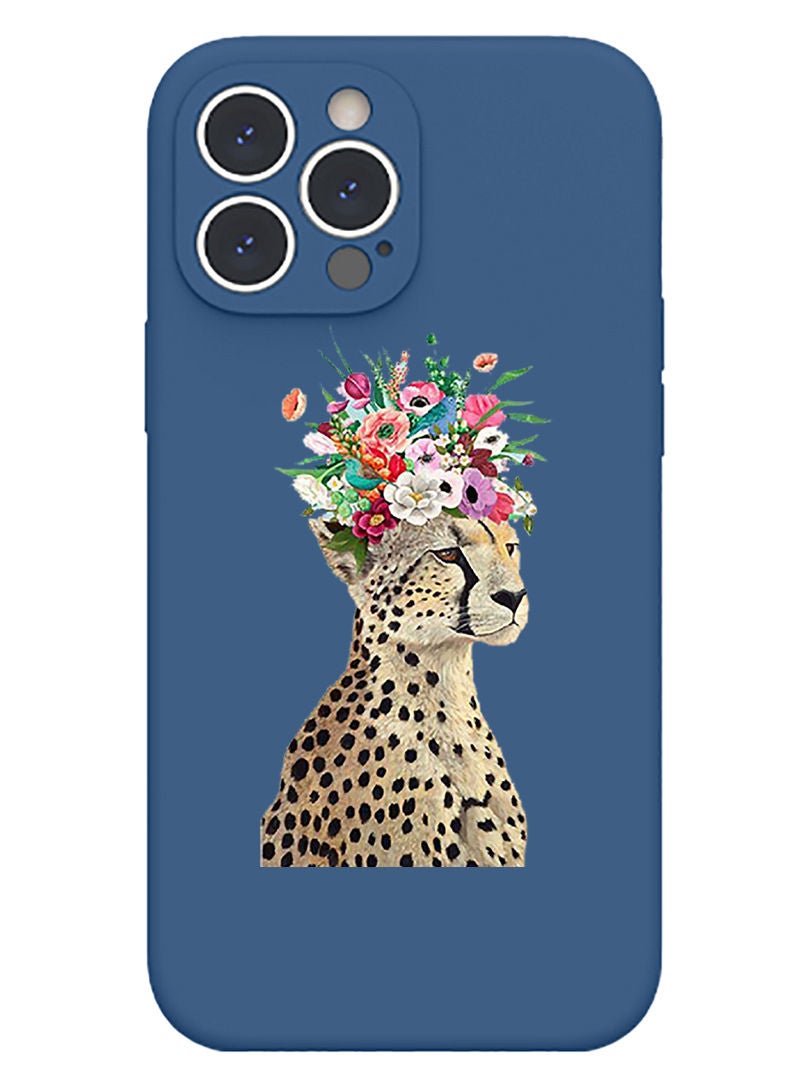 Theodor غطاء سليم واقي من السيليكون السائل مع حماية كاملة للجسم مضاد للخدش وصدمات لجهاز آيفون 12 برو ماكس باللون الأزرق - زهرة الفهد - Image 1