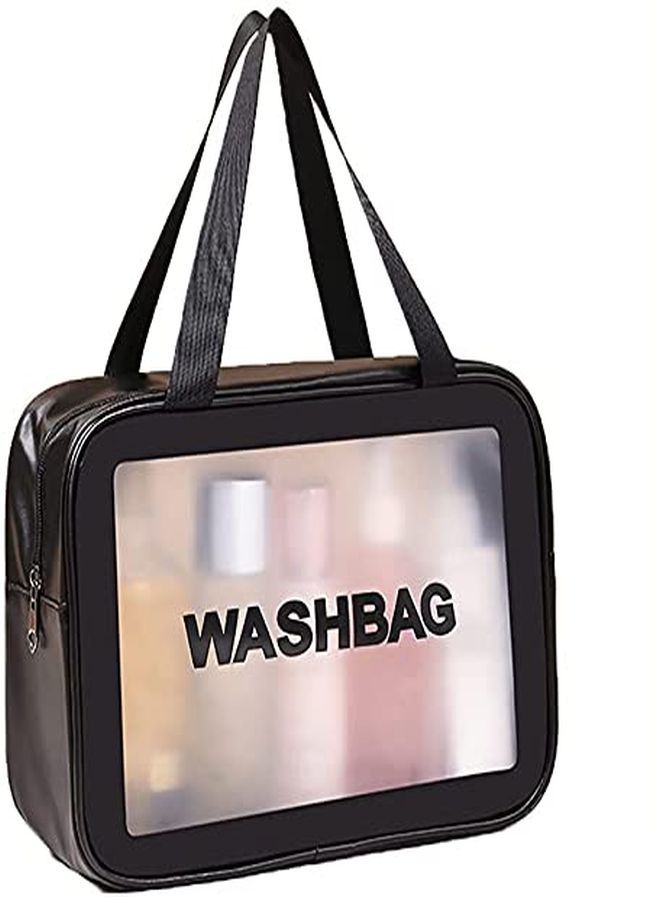 HOUSE OF QUIRK Clear Toiletry Bag, Wash Make Up Bag Pvc Waterproof Zippered Cosmetic Bag, Portable Carry Pouch For Women Men (Black Large) - Image 1