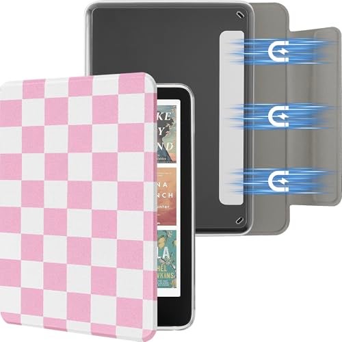 SESENSE Detachable Magnetic Case for 7'' Kindle Paperwhite 12th Gen 2024 and Kindle Colorsoft Signature Edition, Slim PU Shell Cover Case with Auto Wake/Sleep, Pink and White Checkerboard - Image 1