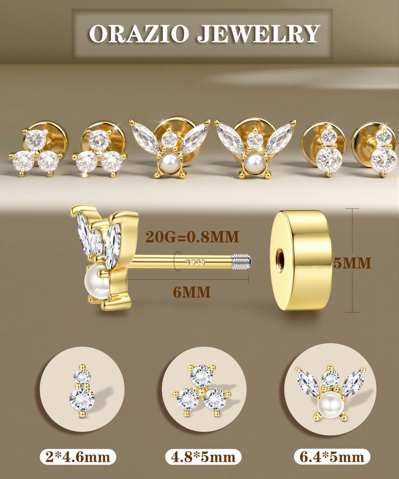 ORAZIO Gold Flat Back Stud Earrings for Women Men Sterling Silver Post Hypoallergenic Screw Back Earrings 14K Gold Cartilage Conch Helix Tragus Piercing Jewelry Dainty CZ Opal Earring Set 3 Pairs 20G S4 G1 - Image 5