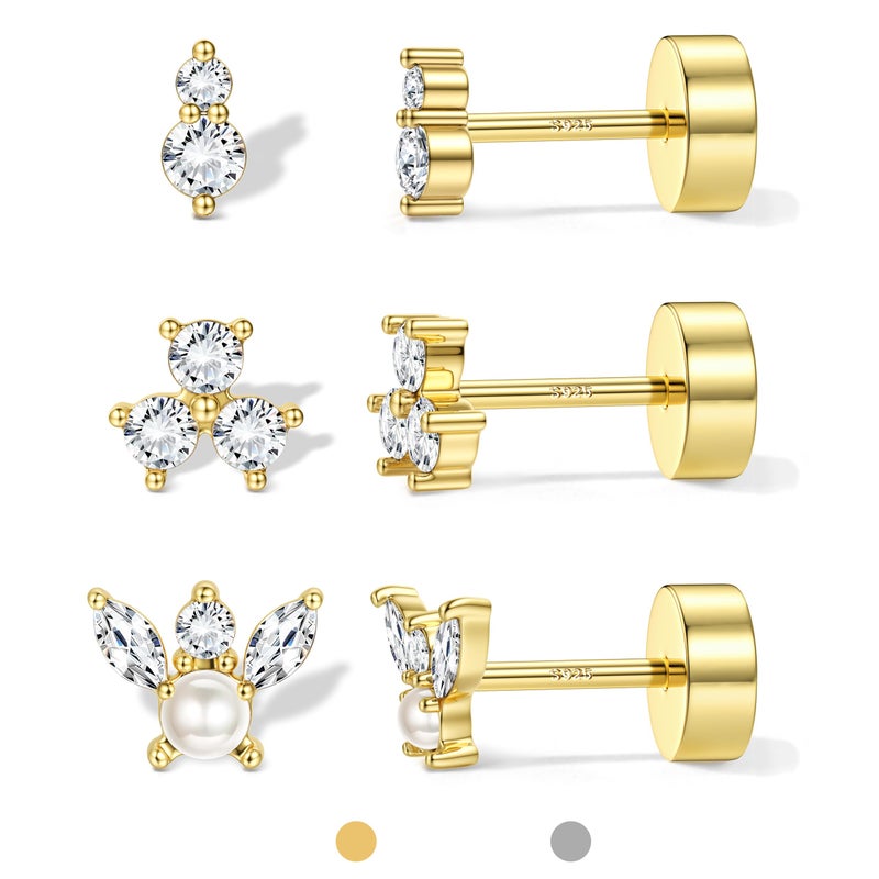 ORAZIO Gold Flat Back Stud Earrings for Women Men Sterling Silver Post Hypoallergenic Screw Back Earrings 14K Gold Cartilage Conch Helix Tragus Piercing Jewelry Dainty CZ Opal Earring Set 3 Pairs 20G S4 G1 - Image 1