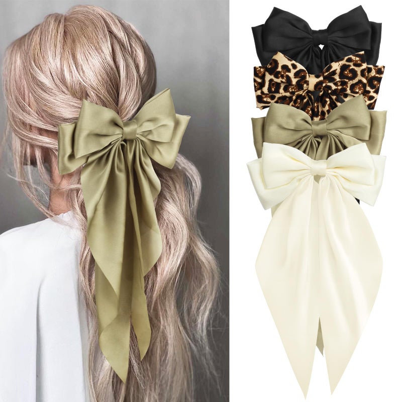 MIKONIKO Silky Satin Hair Bows for Women Girls - 4PCS Ribbon Bows for Hair, Big Bow Hair Clips with Long Tail, Barrettes - Cute Hair Accessories Gifts (Black, Leopard, Green, Beige) - Image 1