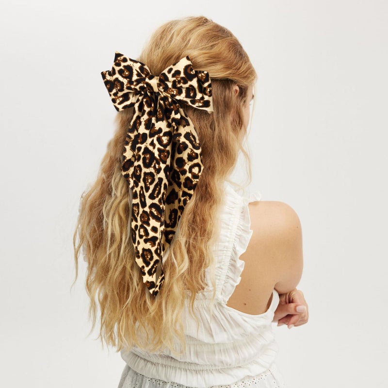 MIKONIKO Silky Satin Hair Bows for Women Girls - 4PCS Ribbon Bows for Hair, Big Bow Hair Clips with Long Tail, Barrettes - Cute Hair Accessories Gifts (Black, Leopard, Green, Beige) - Image 3