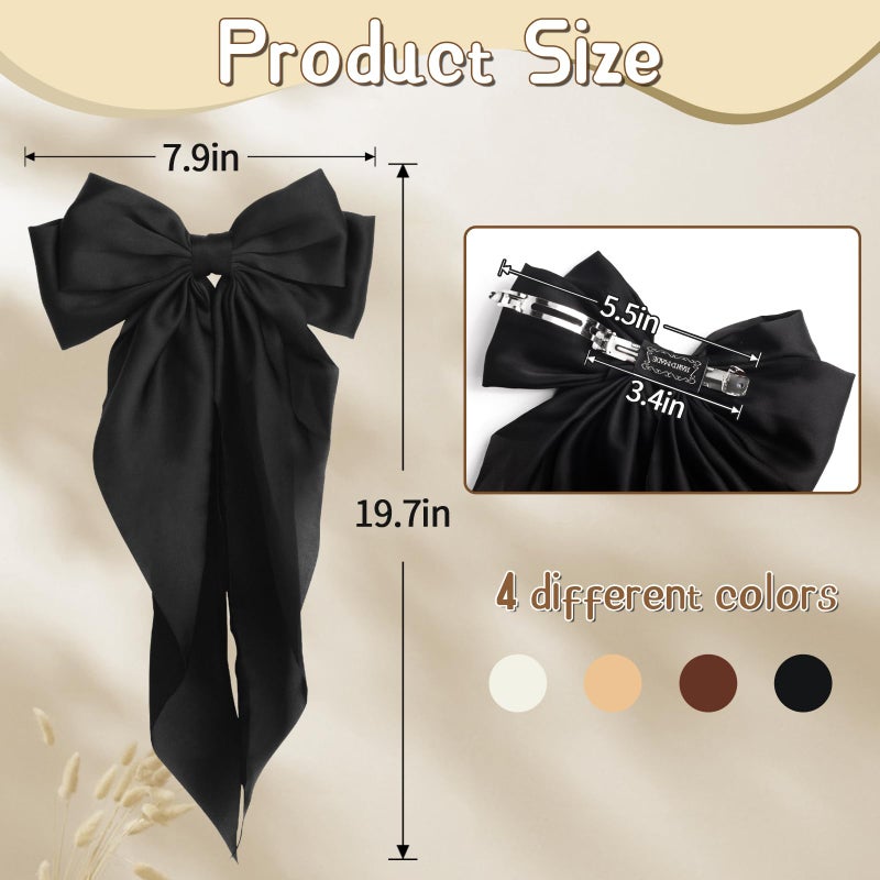 MIKONIKO Silky Satin Hair Bows for Women Girls - 4PCS Ribbon Bows for Hair, Big Bow Hair Clips with Long Tail, Barrettes - Cute Hair Accessories Gifts (Black, Leopard, Green, Beige) - Image 4