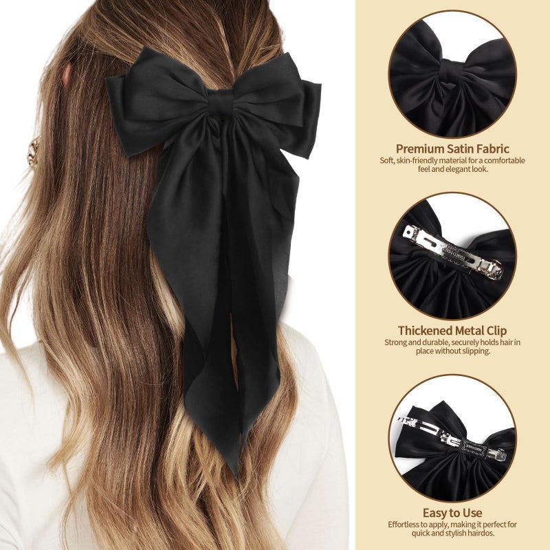 MIKONIKO Silky Satin Hair Bows for Women Girls - 4PCS Ribbon Bows for Hair, Big Bow Hair Clips with Long Tail, Barrettes - Cute Hair Accessories Gifts (Black, Leopard, Green, Beige) - Image 5