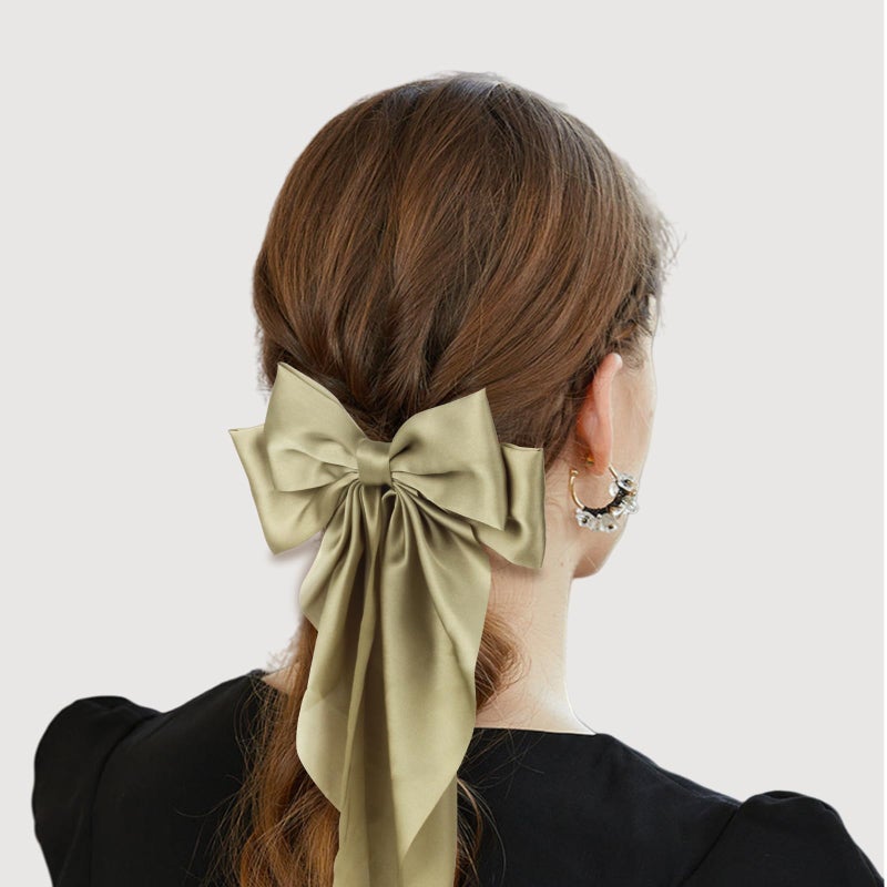 MIKONIKO Silky Satin Hair Bows for Women Girls - 4PCS Ribbon Bows for Hair, Big Bow Hair Clips with Long Tail, Barrettes - Cute Hair Accessories Gifts (Black, Leopard, Green, Beige) - Image 2