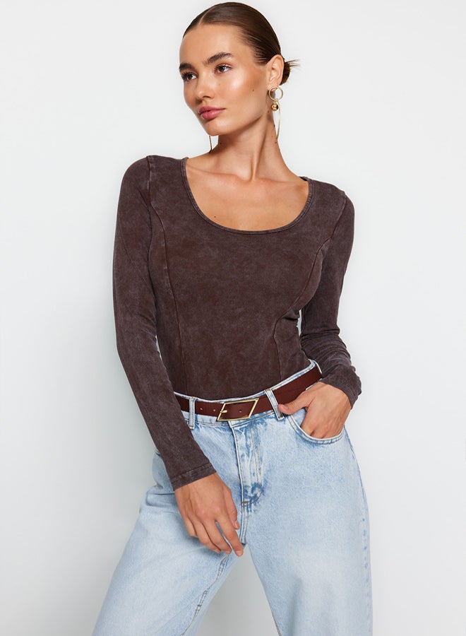 trendyol Brown Antique/Pale Effect Cotton Long Sleeve Stretch Snap Knitted Body - Image 1