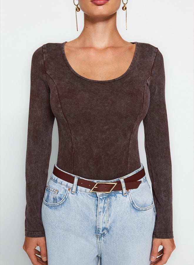 trendyol Brown Antique/Pale Effect Cotton Long Sleeve Stretch Snap Knitted Body - Image 4