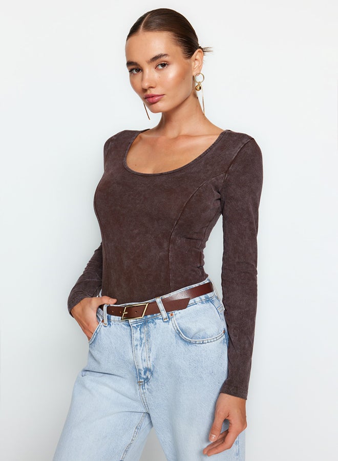 trendyol Brown Antique/Pale Effect Cotton Long Sleeve Stretch Snap Knitted Body - Image 2
