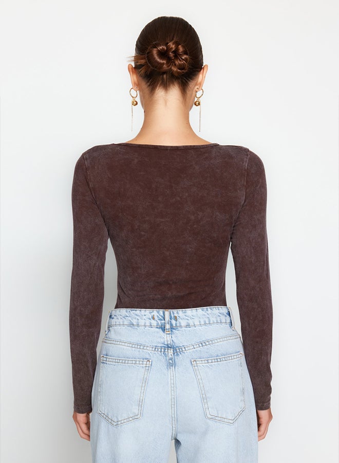 trendyol Brown Antique/Pale Effect Cotton Long Sleeve Stretch Snap Knitted Body - Image 5
