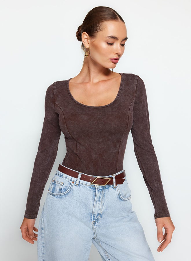 trendyol Brown Antique/Pale Effect Cotton Long Sleeve Stretch Snap Knitted Body - Image 3