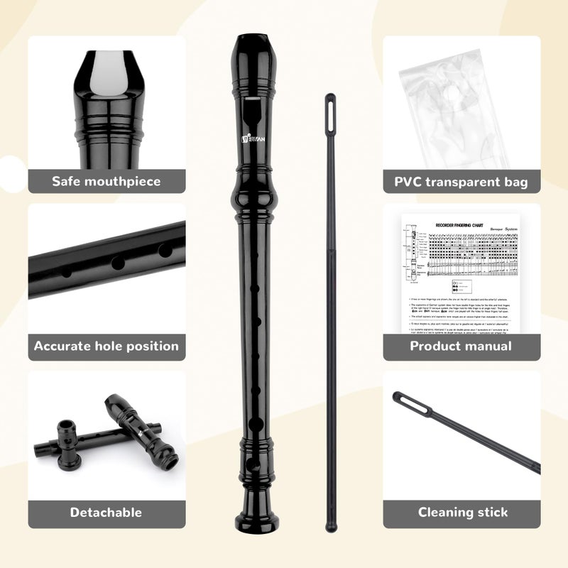 SWAN Soprano Recorder Instrument for Beginners Student - Baroque Style 8 Hole Flute Detachable 3pcs Descant Recorder with Cleaning Rod and Fingering Chart, Black - Image 2