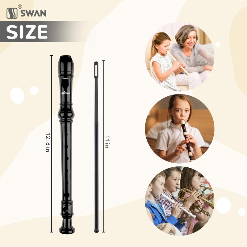 SWAN Soprano Recorder Instrument for Beginners Student - Baroque Style 8 Hole Flute Detachable 3pcs Descant Recorder with Cleaning Rod and Fingering Chart, Black - Image 3