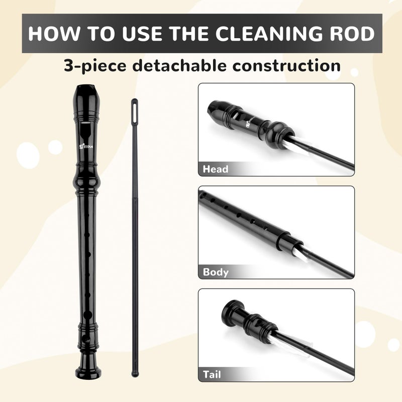 SWAN Soprano Recorder Instrument for Beginners Student - Baroque Style 8 Hole Flute Detachable 3pcs Descant Recorder with Cleaning Rod and Fingering Chart, Black - Image 5