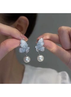 نيبمينينت Niche Design Gradient Blue Mermaid Pearl Tassel Ear Buckle Light Luxury Elegant Fashion Stud Gentle Lady Earrings 