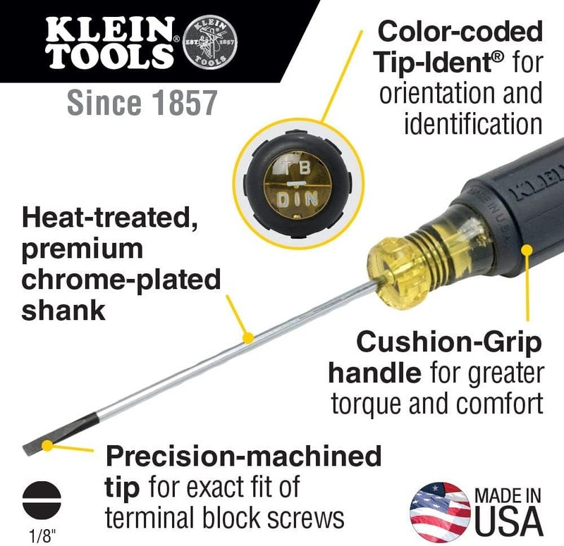 Klein Tools 612-4 Flat Head Terminal Block Screwdriver with 1/8-Inch Cabinet Tip and 4-Inch Round Shank - Image 2