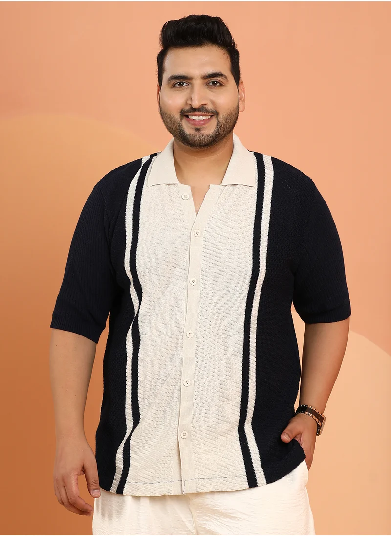 انستافاب بلس Instafab Plus Men's Beige & Blue Contrast-Panel Knit Polo Shirt For Casual Wear | Polo Neck | Short Cuffed Sleeves | Button Closure | Plus Size Shirt Crafted With Comfort Fit For Everyday Wear