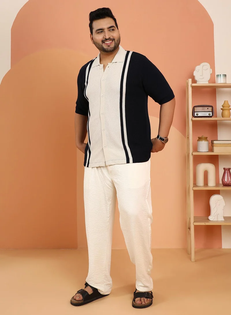 Instafab Plus Instafab Plus Men's Beige & Blue Contrast-Panel Knit Polo Shirt For Casual Wear | Polo Neck | Short Cuffed Sleeves | Button Closure | Plus Size Shirt Crafted With Comfort Fit For Everyday Wear