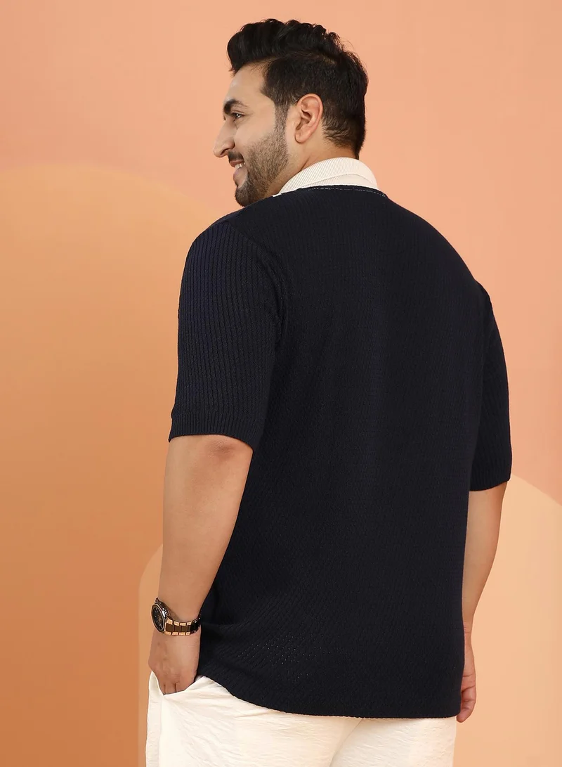 Instafab Plus Instafab Plus Men's Beige & Blue Contrast-Panel Knit Polo Shirt For Casual Wear | Polo Neck | Short Cuffed Sleeves | Button Closure | Plus Size Shirt Crafted With Comfort Fit For Everyday Wear