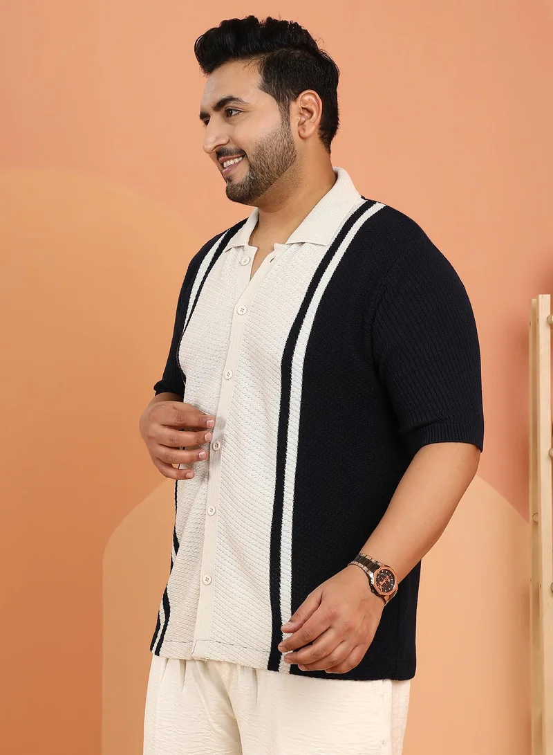 Instafab Plus Instafab Plus Men's Beige & Blue Contrast-Panel Knit Polo Shirt For Casual Wear | Polo Neck | Short Cuffed Sleeves | Button Closure | Plus Size Shirt Crafted With Comfort Fit For Everyday Wear