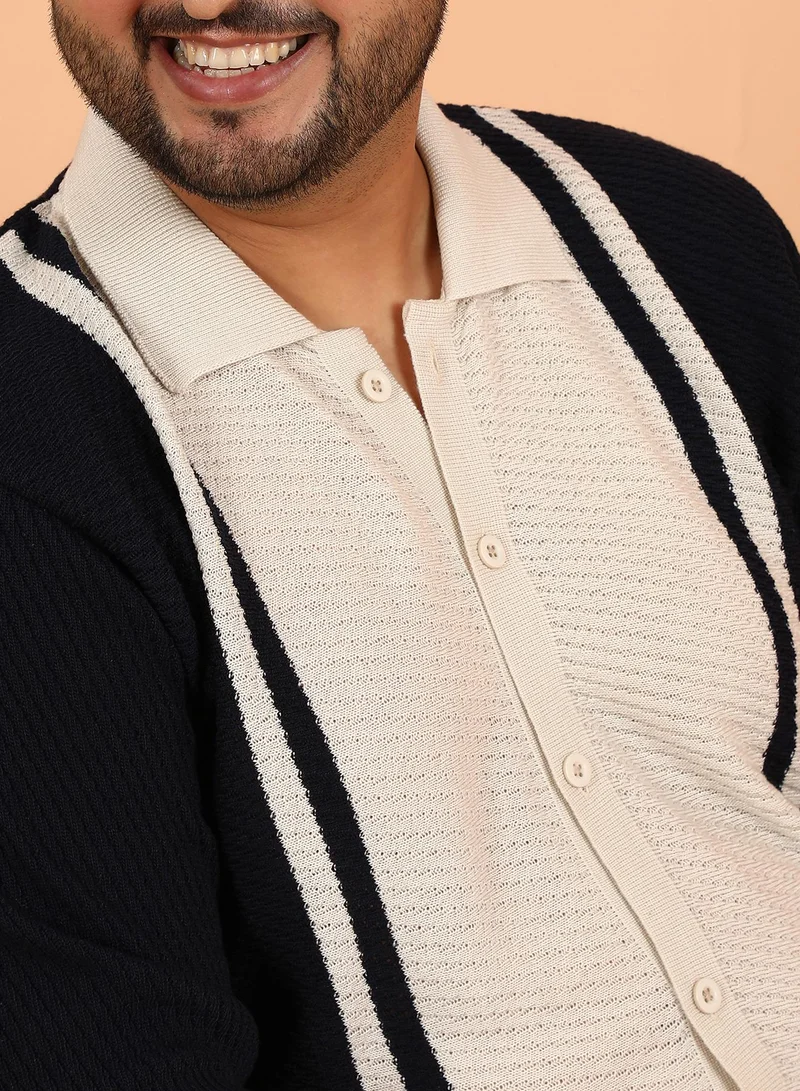 Instafab Plus Instafab Plus Men's Beige & Blue Contrast-Panel Knit Polo Shirt For Casual Wear | Polo Neck | Short Cuffed Sleeves | Button Closure | Plus Size Shirt Crafted With Comfort Fit For Everyday Wear