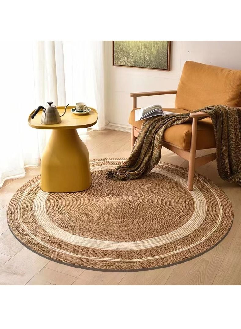 LINGWEI Natural Jute Rug Round Jute Rug with White Line Handmade Braided Jute Carpet For Living Room Bedroom Handwooven Seagrass Natural Jute Roll Carpet Rug with White Line - Image 1