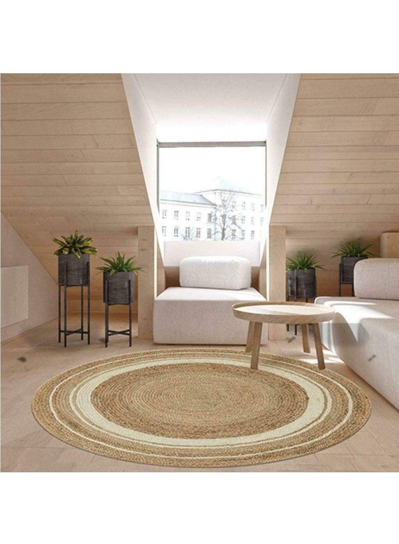 LINGWEI Natural Jute Rug Round Jute Rug with White Line Handmade Braided Jute Carpet For Living Room Bedroom Handwooven Seagrass Natural Jute Roll Carpet Rug with White Line - Image 4