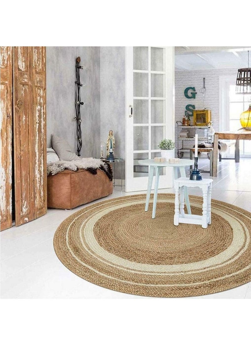LINGWEI Natural Jute Rug Round Jute Rug with White Line Handmade Braided Jute Carpet For Living Room Bedroom Handwooven Seagrass Natural Jute Roll Carpet Rug with White Line - Image 3