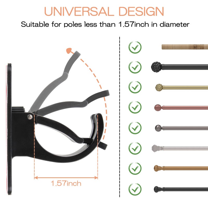 CIEMGNZOC 4 PCS Curtain Rod Bracket Holder, Universal Self Adhesive Wall Mount fits Support Curtain 0.6'' to 1.5'' Curtain Rod, Curtain Rod Hooks for Bathroom Kitchen(Curtain Rod Not Included)(Black) - Image 2