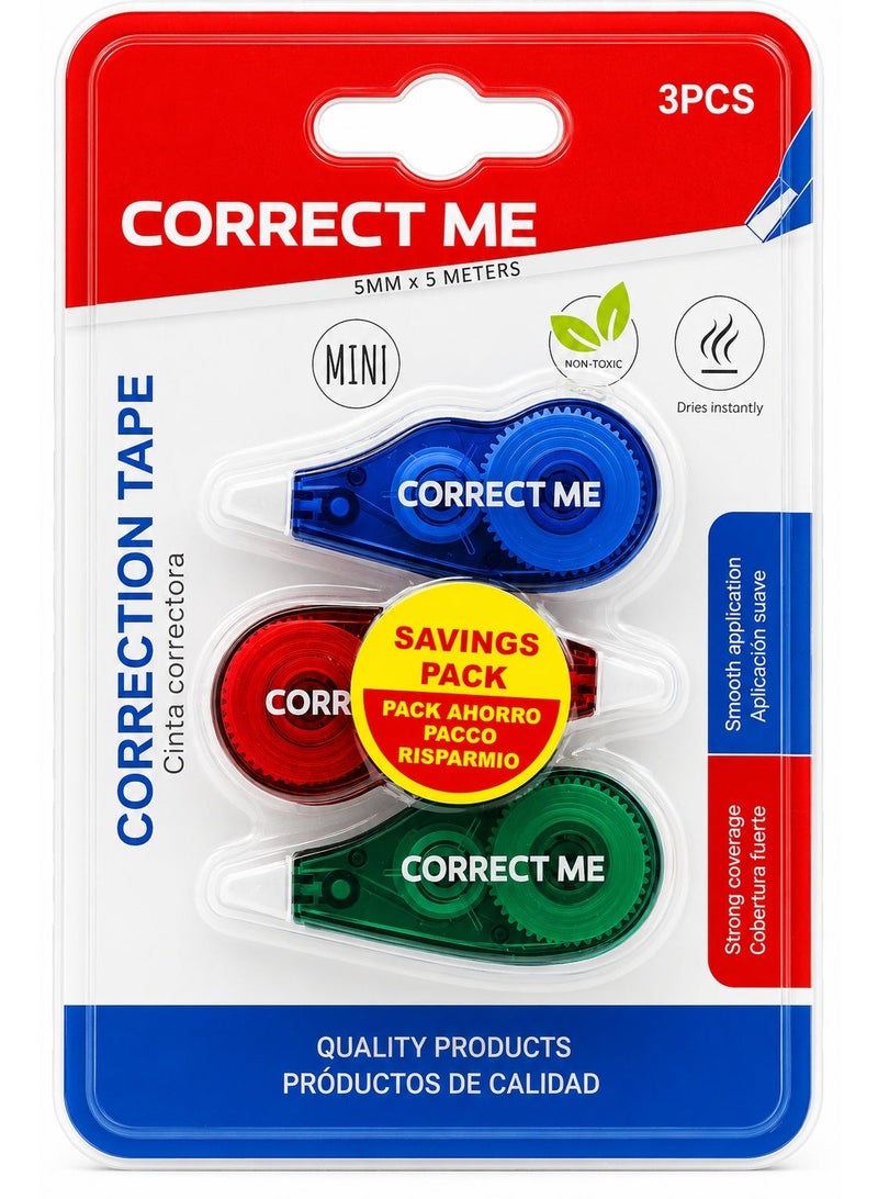 طقم شريط تصحيح صغير Correct Me مكون من 3 قطع، مقاس 5 مم × 5 متر لكل قطعة، شريط أبيض سريع وجاف فوراً بتطبيق سلس للمدرسة والمكتب والمنزل - Image 1