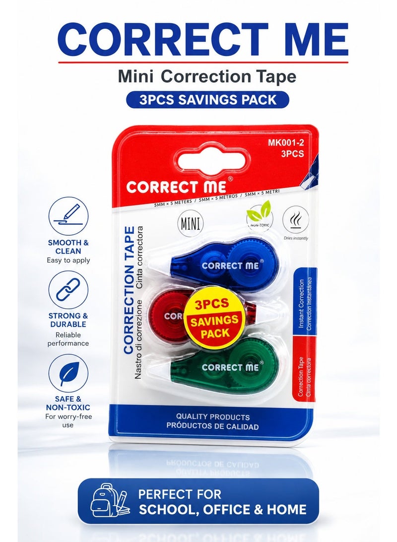 طقم شريط تصحيح صغير Correct Me مكون من 3 قطع، مقاس 5 مم × 5 متر لكل قطعة، شريط أبيض سريع وجاف فوراً بتطبيق سلس للمدرسة والمكتب والمنزل - Image 3