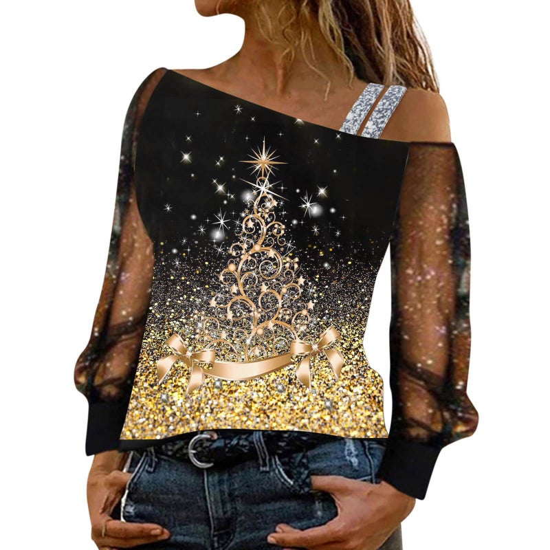 2024 Wish Women'S Long-Sleeved Fashionable One-Line Collar Off-Shoulder Printed Top T-Shirt - Image 1