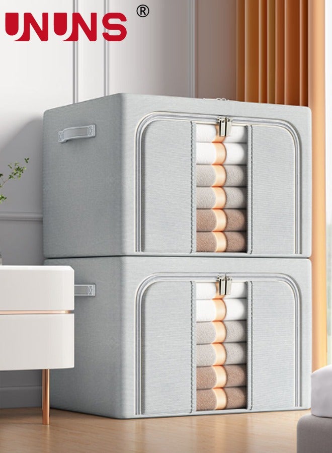 UNUNS Foldable Clothes Box,2-Piece Oxford Fabric Closet Organizer Bag Set With Carry Handles And Clear Window,66L Large Capacity Steel Frame Storage Bins For Bedding Blankets Toys Gift,50x40x33cm - Image 1