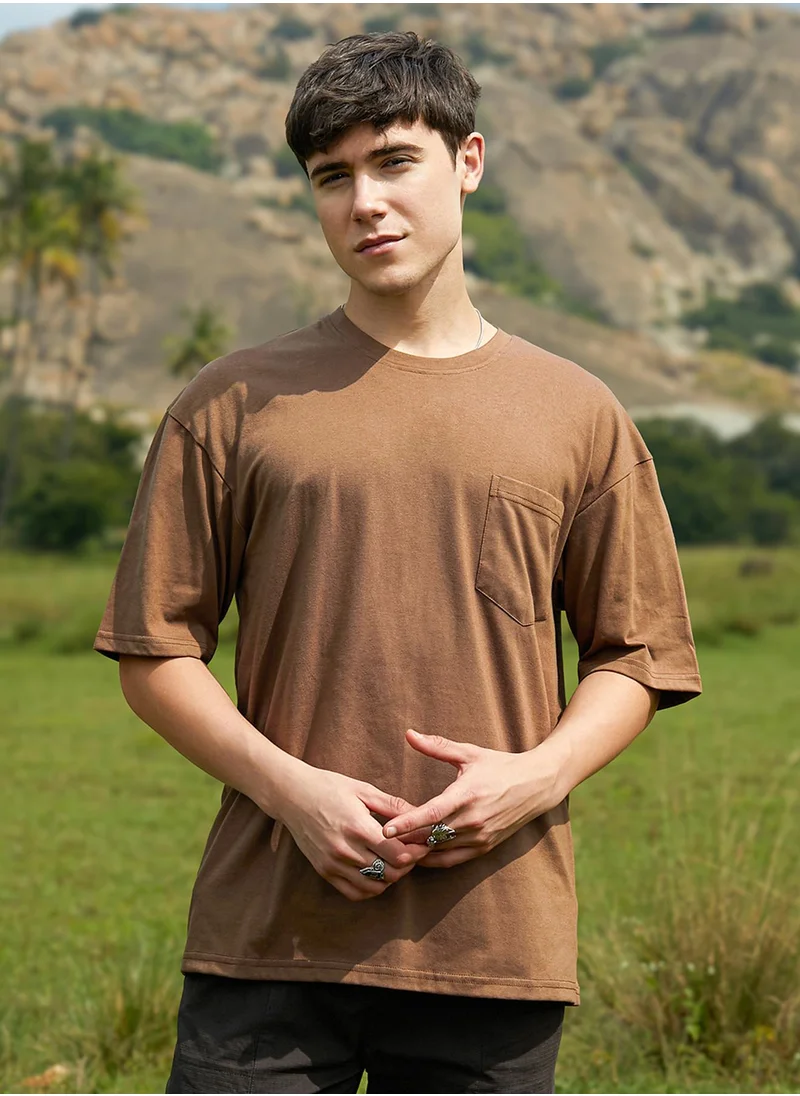 كامبوس سوترا Men's Chocolate Brown Solid Oversized T-Shirt