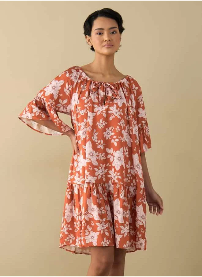 FAV All-Over Floral Print Satin Night Dress with Extended Sleeves