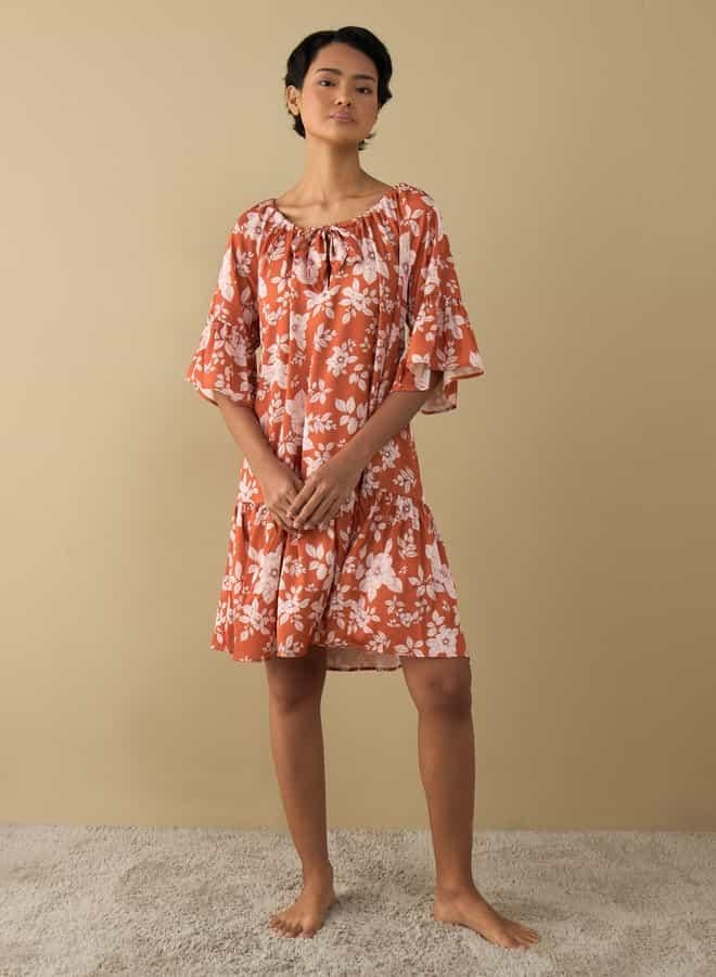 Splash FAV All-Over Floral Print Satin Night Dress with Extended Sleeves  - Image 2