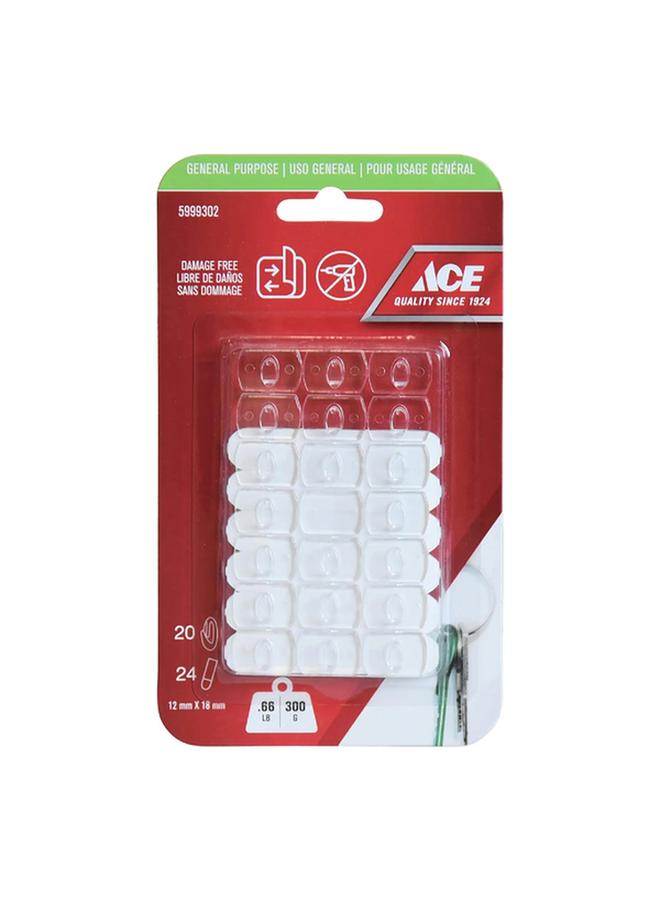 ACE 20-Piece Damage Free General Purpose Adhesive Hook with Strips Clear 1.8 x 1.2cm  - Image 1