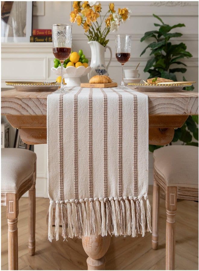 Caflife Boho Table Runner 90 Inchs Long Taupe and Beige, Cotton and Linen Woven with Tassels, for Modern Rustic Farmhouse Neutral Table Runners, Bohemian Kitchen Dining Table Home Decor - Image 1