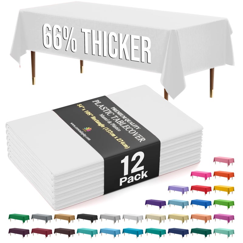 Exquisite 66% Thicker Premium Plastic Table Cloth Rectangle Table Cover 0.5 Mil 12 Pack White Table Cloth 54 Inch x 108 Inch Disposable Tablecloth Won't Tear Easily Like Cheap Thin Brands - Image 1