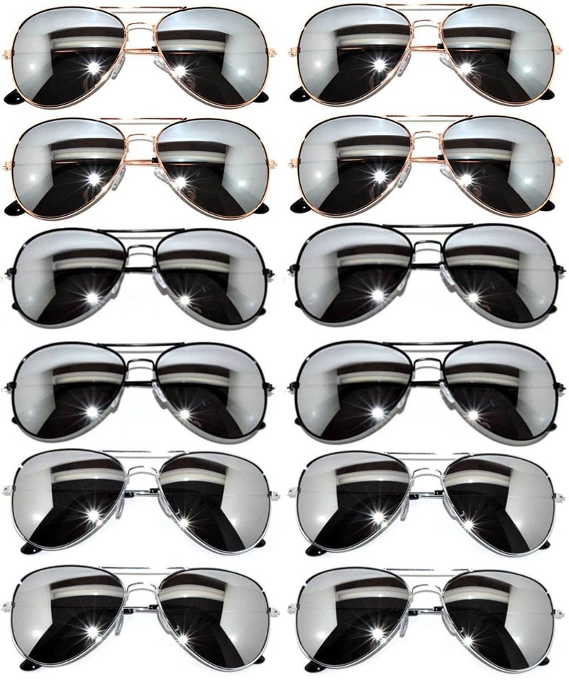 OWL 12 Pack Aviator Sunglasses Black Gold Silver Frame Full Mirror Lens for Women Men