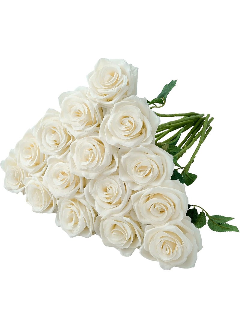 لففا وردة صناعية من الحرير، 15 قطعة من زهور الورد البيضاء الصناعية، باقة ورود صناعية طويلة الساق لتزيين حفلات المنزل في عيد الميلاد وقطعة مركزية للطاولة - Image 1