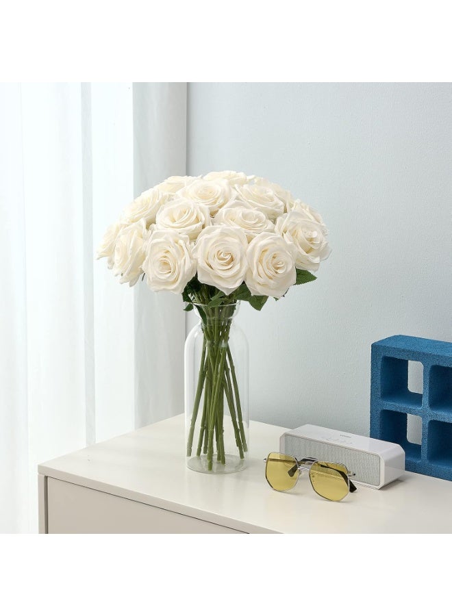 لففا وردة صناعية من الحرير، 15 قطعة من زهور الورد البيضاء الصناعية، باقة ورود صناعية طويلة الساق لتزيين حفلات المنزل في عيد الميلاد وقطعة مركزية للطاولة - Image 3