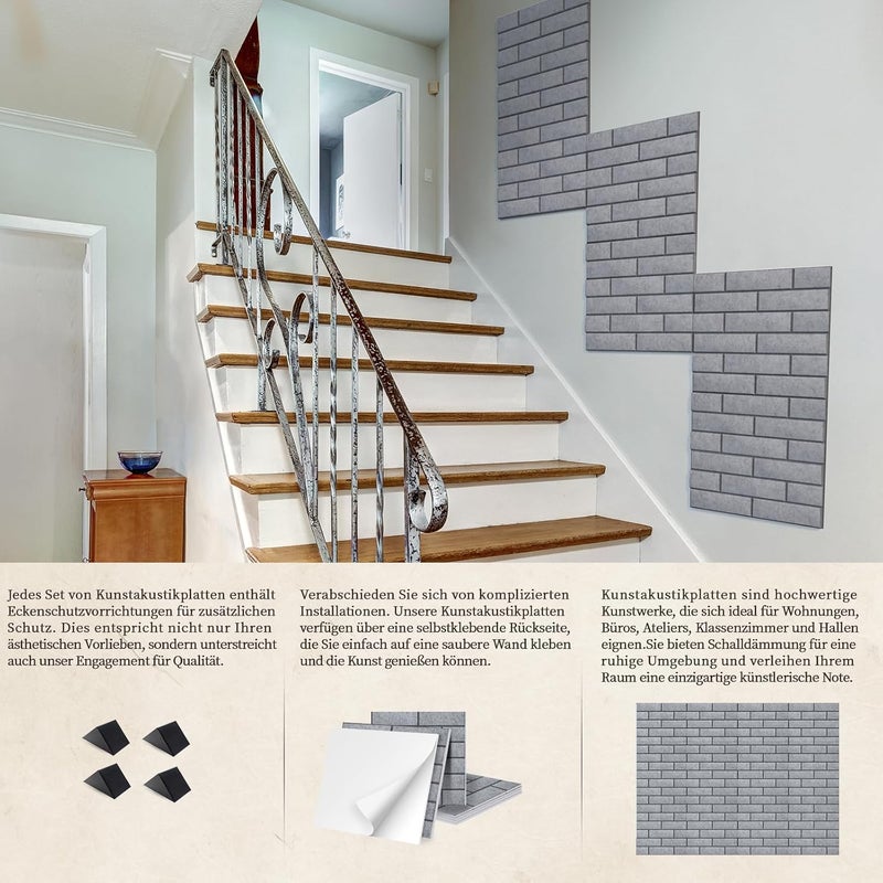 Jber 12-Piece Self-Adhesive Acoustic Panels, Brick Soundproofing Plates, High-Density Acoustic Wall Panels for Recording Studios, Playrooms, Home, Office, 30 x 30 x 1 cm, Grey - Image 5