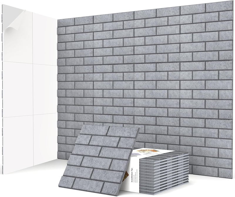 Jber 12-Piece Self-Adhesive Acoustic Panels, Brick Soundproofing Plates, High-Density Acoustic Wall Panels for Recording Studios, Playrooms, Home, Office, 30 x 30 x 1 cm, Grey - Image 1