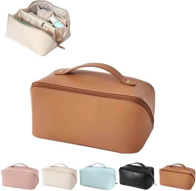 Sqinelli Large Capacity Travel Cosmetic Bag  Makeup Bag PU Leather Waterproof Cosmetic Bag Women Portable Travel Makeup Bag with Handle and Divider Flat Lay Makeup Organizer Bag - Image 1