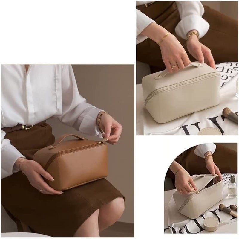 Sqinelli Large Capacity Travel Cosmetic Bag  Makeup Bag PU Leather Waterproof Cosmetic Bag Women Portable Travel Makeup Bag with Handle and Divider Flat Lay Makeup Organizer Bag - Image 2