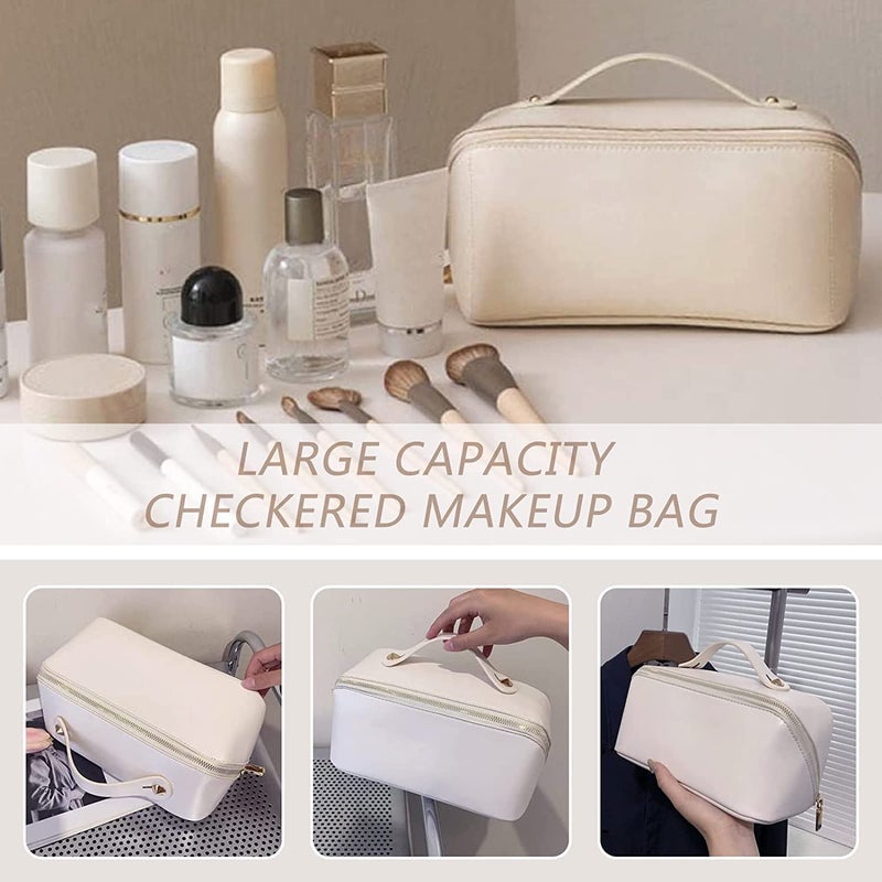 Sqinelli Large Capacity Travel Cosmetic Bag  Makeup Bag PU Leather Waterproof Cosmetic Bag Women Portable Travel Makeup Bag with Handle and Divider Flat Lay Makeup Organizer Bag - Image 5