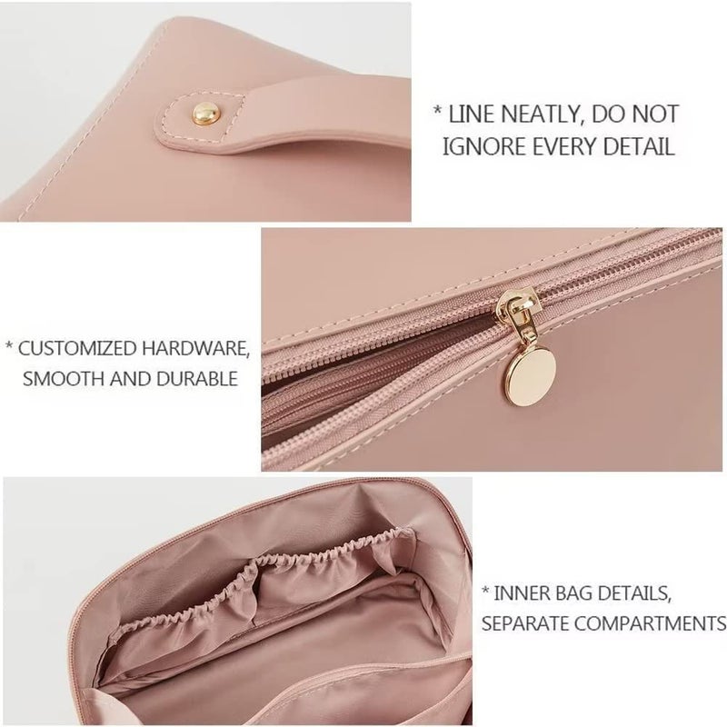 Sqinelli Large Capacity Travel Cosmetic Bag  Makeup Bag PU Leather Waterproof Cosmetic Bag Women Portable Travel Makeup Bag with Handle and Divider Flat Lay Makeup Organizer Bag - Image 4