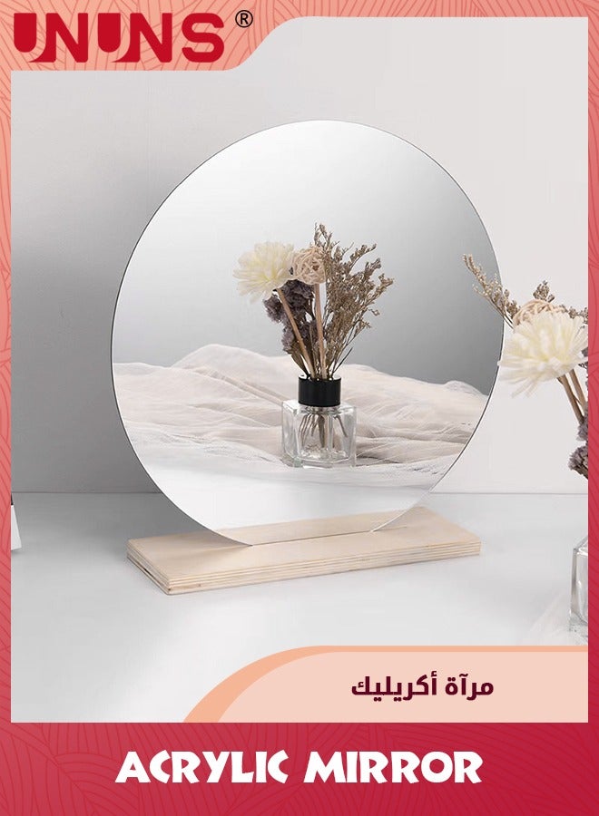 UNUNS 8''(20.5cm) Circle Shape Mirror For Room Decor,Acrylic Mirror With Wood Stand,Frameless Makeup Mirror For Desk Decor,Unique Decor For Bedroom Accessories,Round - Image 4